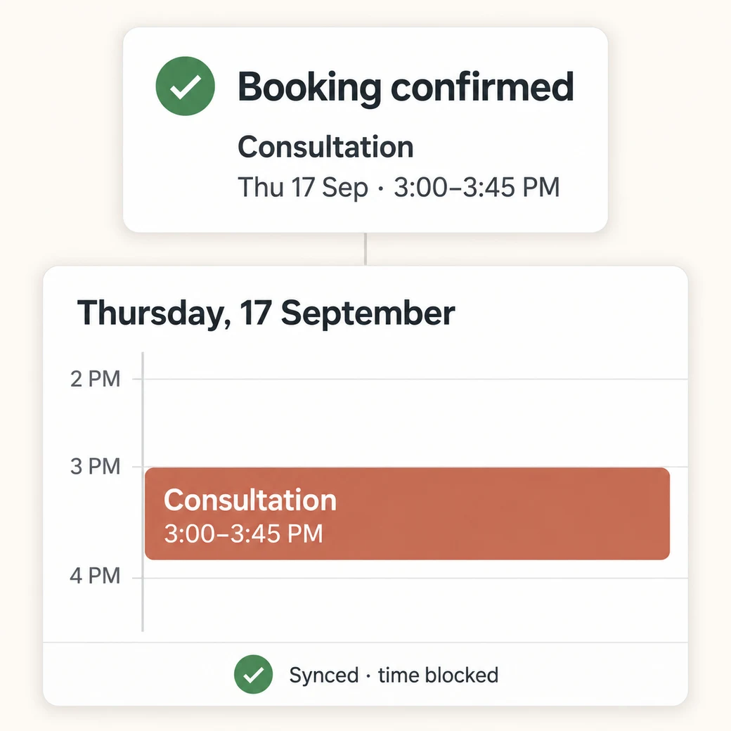 Illustrative booking confirmation and calendar showing the same consultation time blocked.