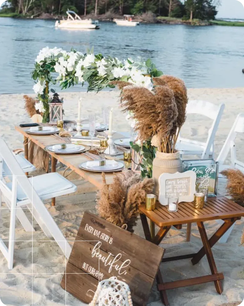 A flower-filled celebration setup by Beachin Bash