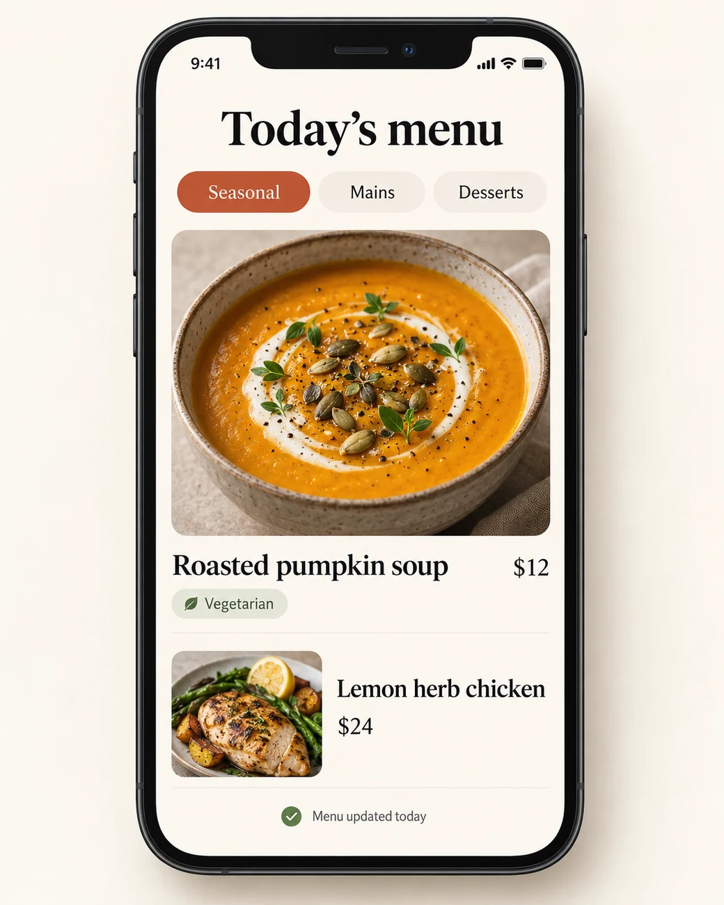 Illustrative mobile menu with seasonal dishes, dietary labels and current prices.