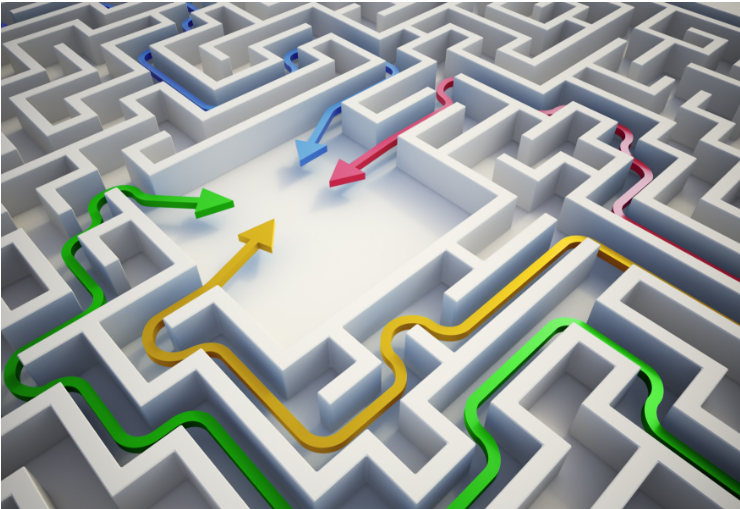 four arrows pointing at the centre of a maze