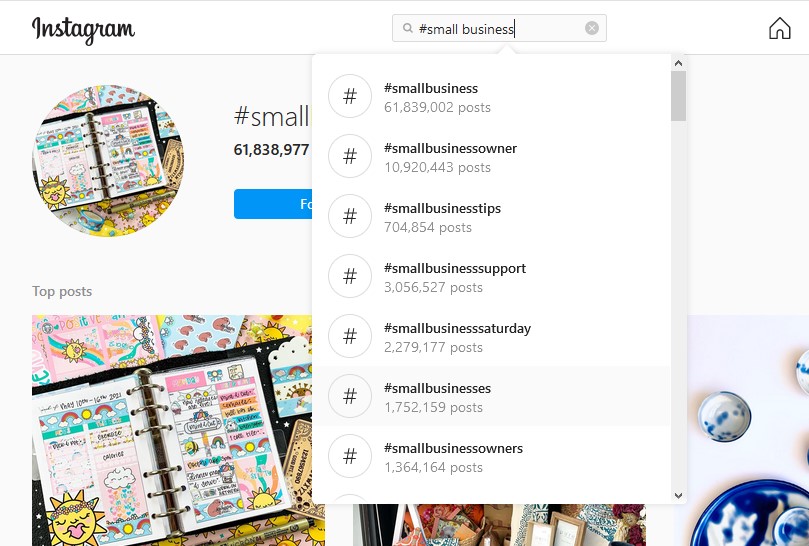 A Screenshot of Instagram hashtags