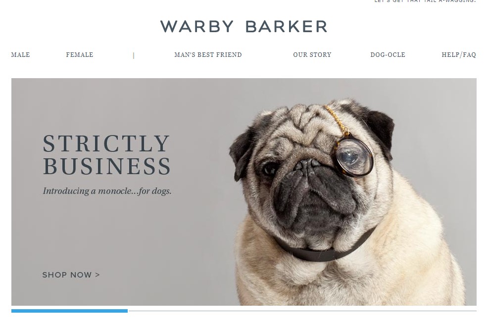 A screenshot of Warby Barker's home page.
