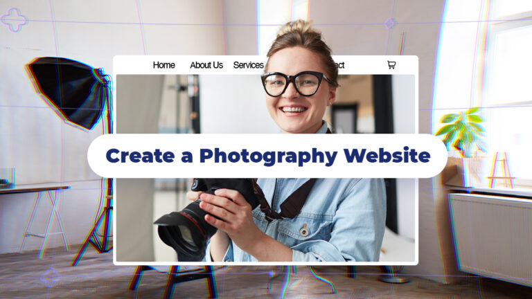 Image of a woman holding a camera with a website behind her