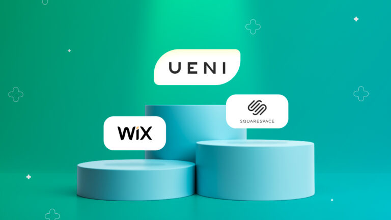 Podium with UENI on top, and wix and squarespace below