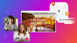 A website, a google maps image, and two women having a videocall